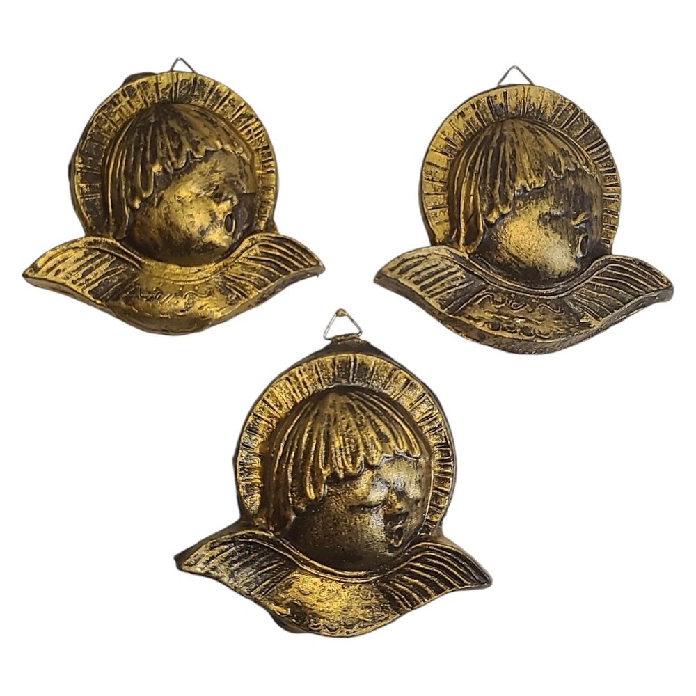 3 Vintage Gold Florentine Plaster Angel Wall Decor/Christmas Ornaments Italy‎ 4"